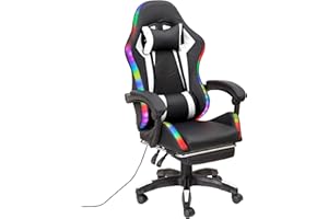 Baroni Home Silla Gaming Ergonómica con Cojín Lumbar, Luces LED Regulables y Reposapiés Extraíble, Silla de Oficina con Respaldo Inclinable y Altura Regulable, Led Blanco, 68x66x125-133 cm