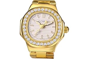 JewelryWe Reloj con Anillo, Reloj de Dedo, Reloj de Tamaño Ajustable, Reloj con Anillo Elástico, Caja Dorada con Esfera Blanco