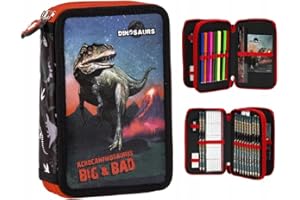 RAGUSA-TRADE Dino Dinosaurier T-Rex Tyranussaurus Rex, 2-Fach Federtasche Federmappe, 27 TLG. gefüllt (17) für Kinder Jungen Mädchen, schwarz/rot, 21 x 12 x 4 cm