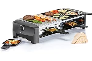 Princess 8 Stone & Grill Party 162820 Raclette con Piastra in Pietra e Griglia in Alluminio 162820, 1300 W, Nero