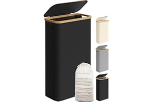 SONGMICS Cesto Portabiancheria con Coperchio, Cesta per Bucato, 65L, Salvaspazio, Sacco Rimovibile, Tessuto Oxford, Manici di Bambù, Pieghevole, 42 x 22,5 x 70,5 cm, Nero Inchiostro LCB506B01