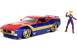 Jada Toys 253225009, 1973 Ford Mustang Mach, zabawkowy samochód, drzwi, bagażnik, maskę silnika do otwierania, w zestawie figurka Kapitana Marvela, skala 1:24, niebieski/czerwony/żółty