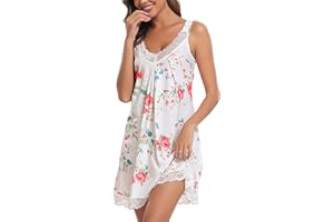 Lovasy Nuisette Sexy Femme en Dentelle Court Chemise de Nuit Babydoll Coton Grande Taille Sensuelle Bretelles Large Robe de Nuit Col en V sans Manches