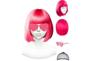 ACOECO Featured Wigs and Heart Sunglasses, Color Bob Wig, Party Cosplay Wigs, Rainbow Wig with Neon Glasses for Women - Bachelorette Party Decorations Favors (Hot Pink)