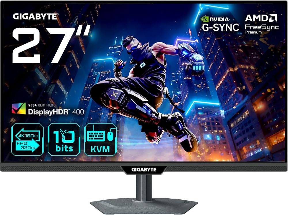 GIGABYTE M27UP 27" SS IPS Dual-Mode Gaming Monitor, 4K UHD 160Hz / FHD 320Hz, 1ms GTG, Mat Ekran, HDMI 2.1 & DP 1.4, DisplayHDR 400, 95% DCI-P3, KVM & USB-C, G-SYNC Compatible