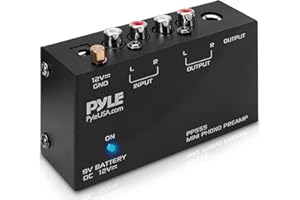 Pyle Préampli Phono pour Platine Vinyle - Mini Préamplificateur Phonographe Audio Stéréo avec Compartiment Pile 9V, Adaptateur DC 12V, Entrée/Sortie RCA & Fonctionnement Ultra-Basse Bruit, Noir