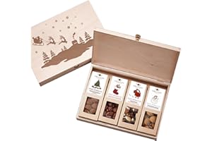 ‎WELLNUSS wellnuss "Limitierte Weihnachtsedition" - 4 Snacks in der Birkenholzbox | Gourmet Snackmischungen für Erwachsene aus Nüssen, Früchten & Schokolade | Das Besondere Geschenk zu Weihnachten
