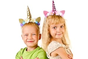 2 Stück Einhorn Haarreif, FUKPO Einhorn Haarreifen Stirnband mit Ohren und Blumen Kinder Mädchen Damen Erwachsene, Einhorn Horn Kopfschmuck Haarband Haarschmuck Geburtstag Party Dekoration(Rosa/Gold)
