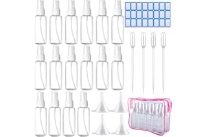 Duufin 16 Pcs Spray Bottles 50ml Empty Plastic Fine Mist Atomiser Bottle with 4 Pcs Funnels 4 Pcs Droppers and 24 Pcs Labels (Bonus: 1 Pc Transparent Zipper Bag)