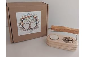 YA-DECOREGALOS Portavelas de madera para Palo Santo, ataduras e incienso, motivo árbol de la vida, con portavelas, varillas de metal y palo santo.