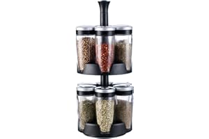 Snadi - Set di 12 Barattoli per Spezie, in Vetro con Coperchio | Vassoio Organizzatore a Due Piani | Design Elegante Nero e Argento | 3 Dimensioni di Dispensazione | Scaffale per Spezie