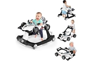 GOPLUS 4 in 1 Baby Lauflernhilfe, Lauflernwagen höhenverstellbar mit Licht & Musik, Baby Walker Autoförmig mit Einstellbarer Geschwindigkeit, Gehfrei für Kinder ab 6 Monaten (Weiß)