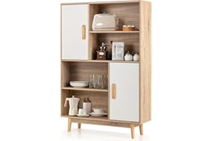 GOPLUS Szafka na książki z drewna, szafka pomocnicza z 2 drzwiami, ochrona przed przewróceniem i zamknięciem magnetycznym, szafa do gabinetu, salonu, sypialni, biura (biała)