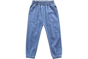 Adigau Boys Cuffed Jeans Kids Elastic Waistband Denim Pants Casual Trousers with Drawstring Pockets Joggers Sweatpants School Blue