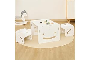 FUNLIO Montessori Höhenverstellbares kindertisch mit 2 stühlen für 1-3 Jährige, hochwertiger Massivholz Kinder Tisch Stuhl Set, zum Lesen/Essen/Spielen, einfach aufzubauen – Weiß