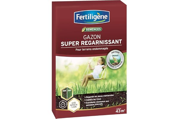FERTILIGENE REGAR43 - Semences Gazon Super Regarnissant 875 g - Premières pousses en 1 semaine - Regarnit les zones abîmées et comble les trous - Excellence résistance aux piétinements - Pour 43 m²