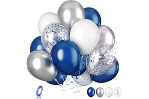 Biapian Navy Blue Silver Balloons, 20 Pcs Blue and Silver Balloons, 12 Inch Pearl Blue Silver White Latex Balloon Silver Confetti Balloons for Birthday Baby Shower Graduation Wedding Party Decoration