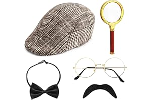 HEAWAA 5 Pièces Accessoires de Costume de Détective, Sherlock Holmes Cosplay Accessoires avec chapeau de Détective Lunettes Fausse Moustache Loupe Nœud papillon pour Carnaval Fête Halloween