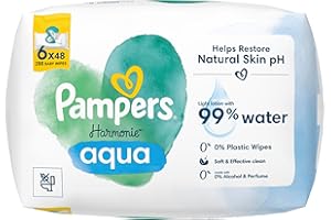 ‎PAMPERS Pampers Harmonie Aqua Chusteczki Nawilżane dla Niemowląt i Dzieci, 288 Sztuk (6 x 48), Pomagają Zachować Naturalne Ph Skóry, Wykonane w 99% z Czystej Wody