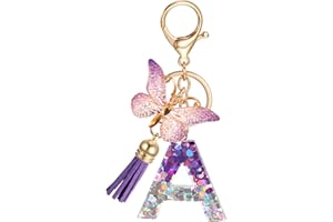 JSRQT Initial Letter Keychain, Purple Sequins Resin Alphabet Letter Keyrings for Women Girls, Butterfly Tassel Pendant Key Chain Bag Charm