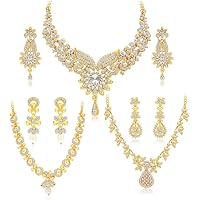 Sukkhi Dazzling Gold Plated Wedding Jewellery Austrian Diamond Choker Necklace Set Combo For Women (413CB1900)