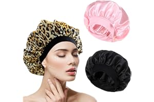 SALEEPENDENT 3 Piezas Gorro de Satén, Gorro de Dormir con Banda Ancha Elástica, Noche Pelo Rizado Gorro para Dormir para mujeres de todas las longitudes y grosores, Negro, Rosa, Leopardo.