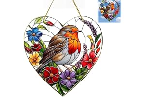 GERHUA Window Sun Catcher,Large Heart-Shaped Robin Stained Glass Suncatcher,Robin Garden Ornament,Stained Glass Window Hangings,Garden Hanging Ornaments,Garden Gifts for Women,Bird Ornaments(20x20CM)