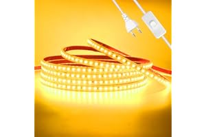 Wisada Anschluss an AC220-240V LED Streifen Selbstklebend mit ON/OFF Schalter, 2M 120LEDs/m 2835 SMD Flexible Superhell LED Band (Schnitt alle 10cm), IP65 Golden LED Leuchtband für Weihnachten