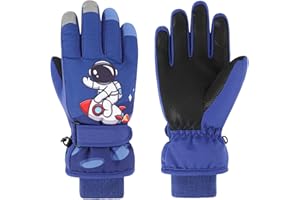 QKURT Guantes de Esquí para Niños, Guantes de Nieve Cálidos de Invierno para Niños Guantes Gruesos Impermeables para Niños con Diseño de Astronauta para Niños y Niñas
