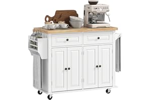 HOMCOM Carrello da Cucina con Ruote, Ripiani Regolabili e Portaspezie, Isola Cucina con Piano di Lavoro in Legno di Gomma, per Cucina e Soggiorno, 111x44.5x82.5 cm, Bianco