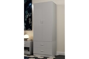 URBNLIVING Orlando Wooden 2 Door With 2 Drawers Kids Wardrobe Bedroom Storage With Hanging Bar (Grey)