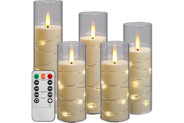 Da by Bougie LED avec guirlandes lumineuses, bougie à piles avec télécommande et minuterie de 24 heures, bougie lumineuse sans flamme pour la décoration intérieure (Blanc ivoire, lot de 5)