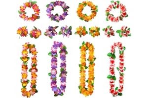 AWCIGG Ensemble de Colliers de Fleurs Hawaïennes avec 4 Collier, 4 Bandeau et 8 Bracelet Hawaïens, Collier Hawaien avec Feuilles Vertes, Fournitures pour Fêtes D'été sur la Plage