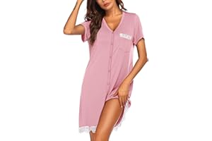 Ekouaer Camicia da Notte Allattamento Donna Maniche Corte Pigiama Sexy Premaman Nightdress Bottoni Pizzo, S-XXL
