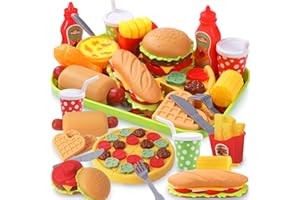 XOYTN 25Pcs Pretend Play Food Sets，Plastic Removable Hamburger Hot dog Pizza Fast Food Play set Fake Food Toys for Kids Kitchen Toys Accessories