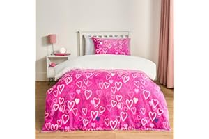 OHS Kids Double Duvet Set, Ultra Soft Warm Cosy Heart Printed Glow In The Dark Quilt Duvet Covers Sets Double Luxury Comfy Girls Kids Bedding with Pillowcases, Pink