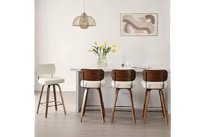 Bekrvio Swivel Counter Height Bar Stools Set of 4, 65CM Upholstered Faux Leather Barstools with Wood Back and Metal Legs, Mid Century Modern Bar Chair Island Stool for Kitchen Counter