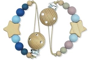 SILICOMAN - Chupetero Silicona - Cadena Chupete Bebe - Sujeta Chupete - Cadena Chupete Bebe - Pack 2 Chupeteros Bebe con Clip de Madera - Cuelga Chupetes Bebe sin BPA (Estrella Multicolor)