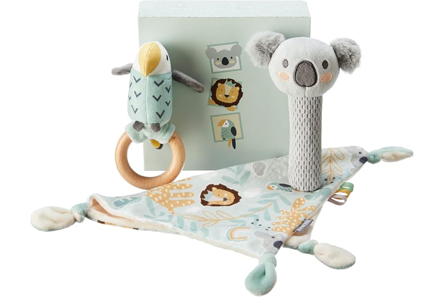 Nuby Animal Adventures Baby Gift Set – 3-Piece Keepsake | Comforter, Squeaker & Rattle | Box Included | Suitable from Birth, Multicolour, One Size