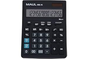 MAUL Kaufmännischer Taschenrechner MXL16, mit 16 Stellen, inkl. Steuerberechnung, groß: 20, 5x15, 5 cm, angewinkeltes Display, Profi-Tischrechner, Solar/Batterie, Schwarz