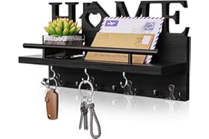 SWTYMIKI Key Holder for Wall with Home Decoration, Key Hanger with 7 Sturdy Key Hooks and Mail Holder Design, Decor Wood Key Rack for Hallway, Entryway, Mudroom, Office, Black