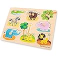 New Classic Toys - Peg Puzzle - 8 Pieces - Safari - Wooden Educational Puzzle - Includes Crocodile, Cape Buffalo, Monkey, Zebra, Giraffe, Hippo, Elephant, and Lion