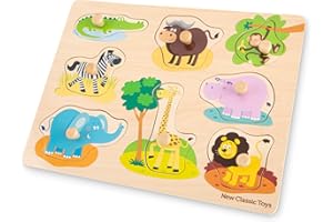 New Classic Toys - Peg Puzzle - 8 Pieces - Safari - Wooden Educational Puzzle - Includes Crocodile, Cape Buffalo, Monkey, Zebra, Giraffe, Hippo, Elephant, and Lion
