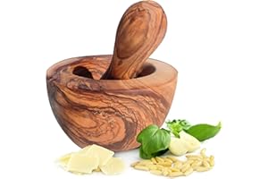 MOHA 24 Mortero con mano de madera de olivo – Hecho a mano con borde natural, para hierbas aromáticas – Sostenible, diámetro aprox. 10 cm