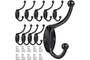 GlazieVault Black Coat Hooks for Wall - Zinc Alloy Coat Racks(10 Pack) - Heavy Duty Coat Hooks Wall Mounted - Premium Design Rust Free Door Hooks for Hanging (Black Hooks Pack 10)