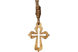 AMPALS, Collana marrone con croce autentico legno di ulivo realizzato a mano in Gerusalemme, scatola di iuta Kraft, battesimo, comunione, cristiano, compleanno, protezione auto, casa, benessere