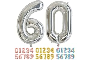 Ponmoo Foil Globo Número 60 Plata, Gigante Numeros 0 1 2 3 4 5 6 7 8 9 10-19 20-29 30 40 50 60 70 80 90 100, Grande Globos para La Boda Aniversario, Globo de Cumpleaños Fiesta Decoración