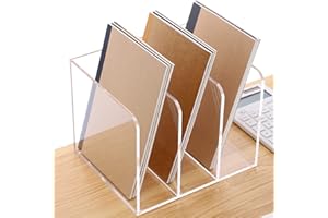 SANRUI Acrylic Magazine Holder Desk Organizer Workspace Sorters，Clear Bookend File Sorter Holder，Folder Rack, Office Accessories Organization Storage with 3 Vertical Compartments