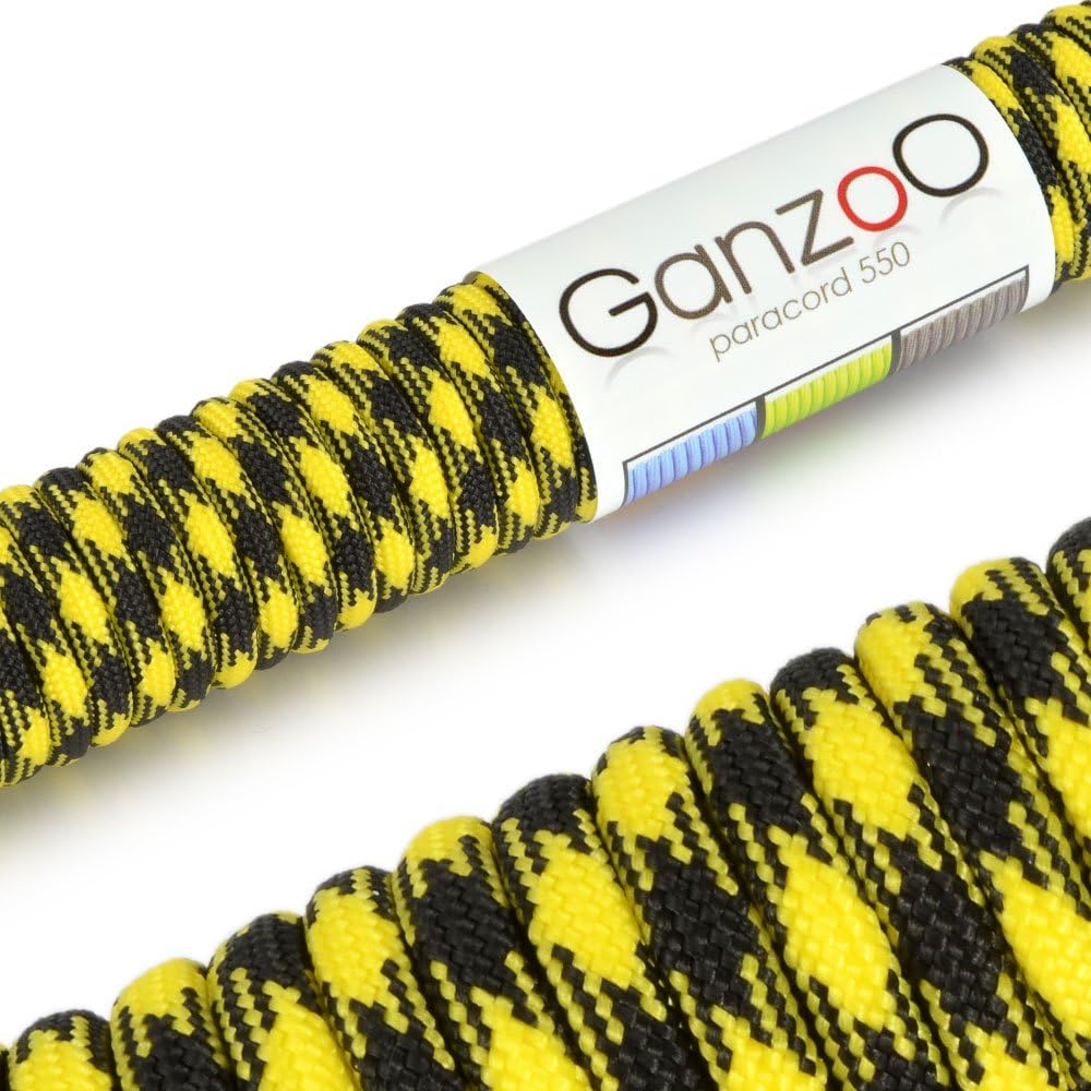 Ganzoo Paracord 550 cordon de supervivencia 4 mm tipo 3, 31 m amarillo y negro, 7 hebras interiores, cuerda de nylon poliester para camping, pesca, atados, reparaciones, manualidades, no apta escalada