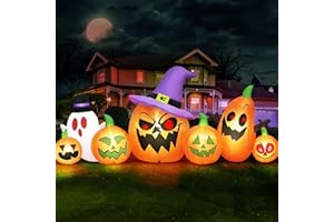 Danxilu Gonfiabili Halloween per Esterni Lunghe 8 piedi Zucche Infestate con Cappello da Strega e Fantasma Gonfiabile Halloween Esterno con LED Integrati Illuminazione per Cortile Prato Giardino